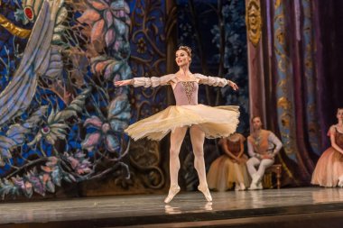 Odessa, Ukrayna-July22, 2019: bale. Odessa Opera Tiyatrosu sahnede klasik bale. Sahne dansı 'nda bale dansçıları Swan Lake 'in klasik eserleri. Tiyatro sahnesinde sanatsal top dansı formu