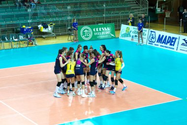 Odessa, Güney, Ukrayna - 15 Ekim 2019: Avrupa Bayanlar Voleybol Şampiyonası. Dişi Khimik Yuzhny - Mladost Zagreb Hırvatistan. Cev Şampiyonlar Ligi Volesi 2020. Kadın Yoğun Voleybol Oyunu