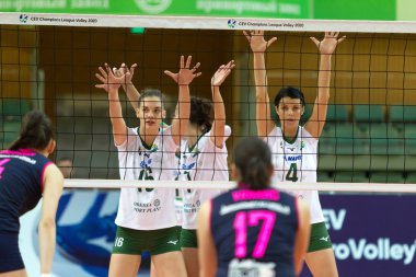 Odessa, Güney, Ukrayna - 15 Ekim 2019: Avrupa Bayanlar Voleybol Şampiyonası. Dişi Khimik Yuzhny - Mladost Zagreb Hırvatistan. Cev Şampiyonlar Ligi Volesi 2020. Kadın Yoğun Voleybol Oyunu
