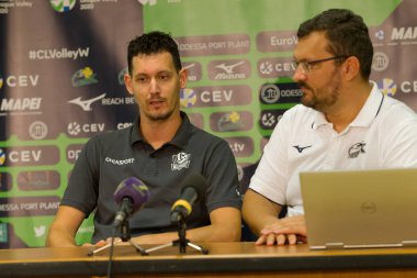Odessa, Güney, Ukrayna - 15 Ekim 2019: Avrupa Bayanlar Voleybol Şampiyonası. Dişi Khimik Yuzhny - Mladost Zagreb Hırvatistan. Cev Şampiyonlar Ligi Volesi 2020. Kadın Yoğun Voleybol Oyunu