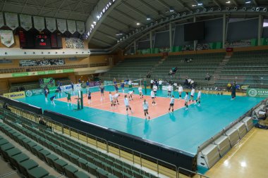 Odessa, Güney, Ukrayna - 15 Ekim 2019: Avrupa Bayanlar Voleybol Şampiyonası. Dişi Khimik Yuzhny - Mladost Zagreb Hırvatistan. Cev Şampiyonlar Ligi Volesi 2020. Kadın Yoğun Voleybol Oyunu