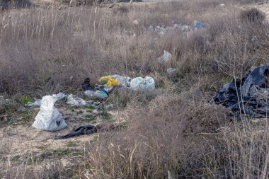 Deniz kıyısına dökülen çöpler turistler ve tatilciler tarafından bırakılıyor. Denizin kirli kumlu kıyıları. Çevre kirliliği. Çevresel sorunun olumsuz etkisi vardır. Kullanılmış kirli plastik şişeler