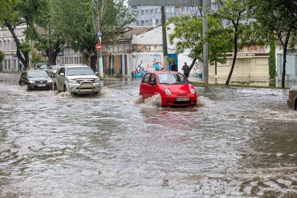 Odessa Ukraine May 2020 Driving Car Flooded Road Flood Caused — Stock Photo, Image