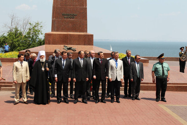 Odessa, Ukraine - April 6, 2011: Foreign Minister Russia Sergey Lavrov, official visit. Laying flowers at Eternal Flame, press conference. Minister Foreign Affairs of Ukraine Konstantin Gryshchenko