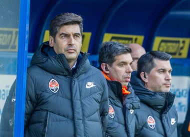 ODESSA, UKRAINE -2 Mart 2019: Ünlü futbol teknik direktörü Paulo Alexandre Rodrigues Fonseca ile Shakhtar (Donetsk) maçı sırasında Chornomorets. Basın toplantısı, yorumlar Baş antrenör Paulo Fonseca
