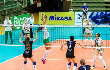 Odessa, Ukrayna 27 Kasım 2018: 2019 CEV Voleybol CUP - Kadınlar 16. Finali Khimik YUZHNY (UKR) - yeşil Swietelsky BEKESCSABA (HUN) - mavi. Resmi Avrupa Voleybol Turnuvası Balosu