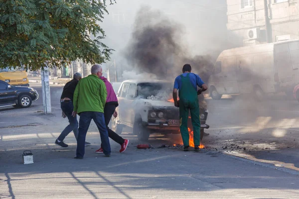 Odessa Ukraine Octobre 2018 Incendie Une Voiture Milieu Autoroute Sudden — Photo