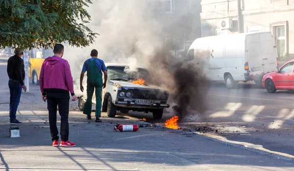 Odessa Ukraine Oct 2018 Burning Car Middle Highway Sudden Fire — Stock Photo, Image