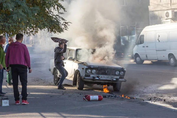 Odessa Ukraine Oct 2018 Burning Car Middle Highway Sudden Fire — Stock Photo, Image