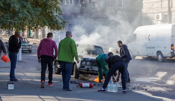 Odessa Ukraine Okt 2018 Brandende Auto Midden Snelweg Plotselinge Brand — Stockfoto