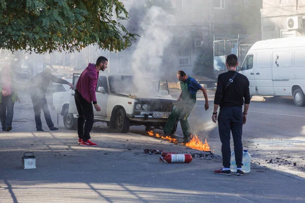 Odessa Ukraine Oct 2018 Burning Car Middle Highway Sudden Fire — Stock Photo, Image