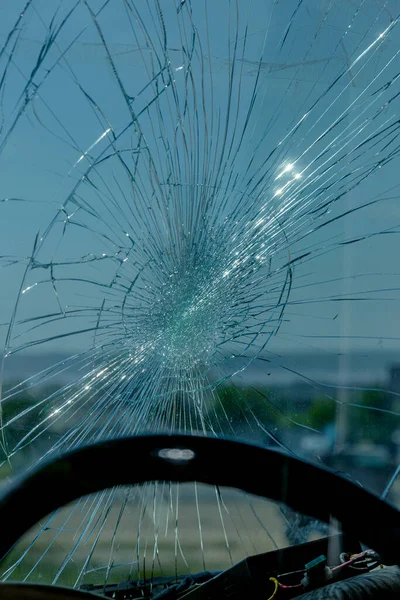 Broken Car Windshield Web Radial Cracks Crack Triple Windshield Broken — Stock Photo, Image