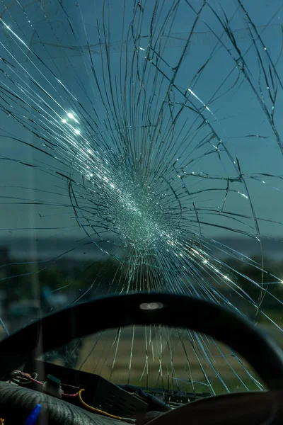 Broken Car Windshield Web Radial Cracks Crack Triple Windshield Broken — Stock Photo, Image