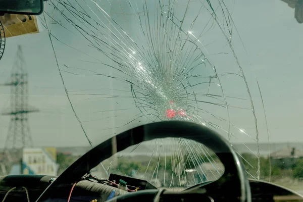 Broken Car Windshield Web Radial Cracks Crack Triple Windshield Broken — Stock Photo, Image