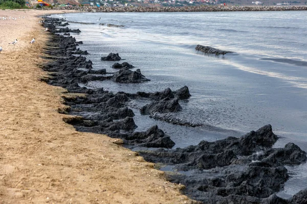Море Пляж Загрязнены Нефтью Пролив Сырой Нефти Песок Городского Пляжа — стоковое фото