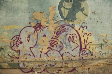 Modern ikonik şehir kültürü - Grafiti yazısı. Soyut çizimlerle dekore edilmiş duvar boyası. Etiket grafitisinin ayrıntıları. Arka plan için parça. Modern ikonik şehir kültürü sokak gençliği