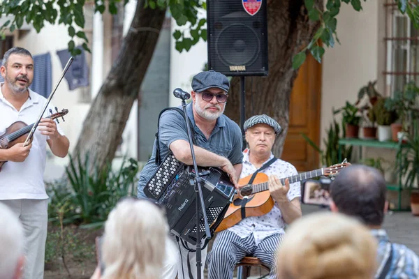 Odessa, Ukrayna - CIRCA 2020: Virüs salgını sırasında bir evin avlusunda sokak müzisyenlerinin ev konseri. Sokak müzisyenleri açık havada konser veriyor.