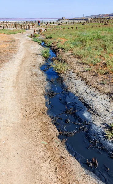 Aliran Tumpahan Minyak Mentah Cair Mengalir Selokan Drainase Dalam Tubuh — Stok Foto