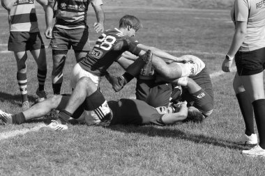 ODESSA, UKRAINE - 12 Eylül 2020: Ukrayna şampiyonasında en güçlü rugby-7 takımlarının final maçları. Rugby topu sahada. Ragbi maçı top için zor bir maç. Atletler sahada takım oyuncuları