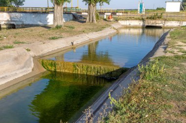 Beton bir duvardaki tarım kanalı veya sulama kanalı çiftçinin kurak tarım alanlarındaki tarım arazisine doğrudan su verir.
