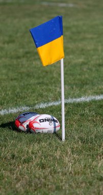 ODESSA, UKRAINE - CIRCUS, 2020: Avrupa Rugby Şampiyonası resmi ragbi topu yeşil bir ragbi sahasında. Yeşil çimenli doğal spor sahasına odaklan.