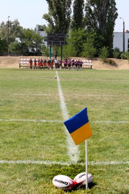 ODESSA, UKRAINE - CIRCUS, 2020: Avrupa Rugby Şampiyonası resmi ragbi topu yeşil bir ragbi sahasında. Yeşil çimenli doğal spor sahasına odaklan.