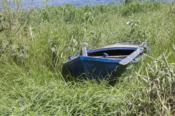 Gamla Övergivna Förfallna Trä Roddbåt Sänktes Gräs Vass Floden — Stockfoto