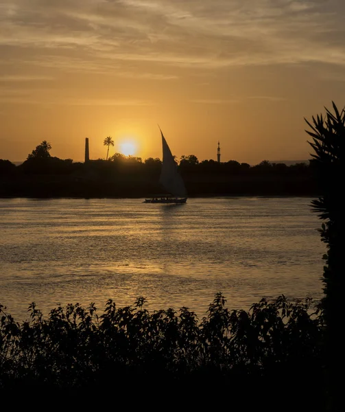 Perinteinen Egyptiläinen Felluca Purjevene Niilillä Siluetissa Auringonlaskun Aikaan — kuvapankkivalokuva