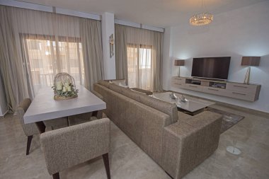 Oturma odası salon, lüks daire gösteri ev gösteren iç tasarım dekor mobilya yemek masası