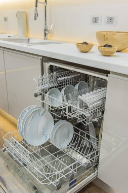 İç tasarım dekor gösteren modern mutfak bulaşık makinesi cihaz lüks daire showroom