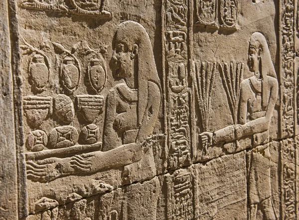Tallados Jeroglípicos Pared Antiguo Templo Egipcio Horus Edfu —  Fotos de Stock