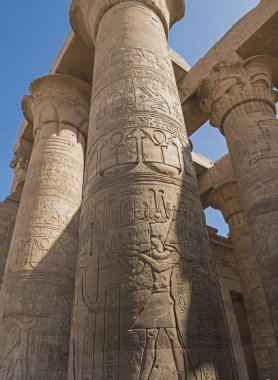 Anciant Mısır Kom Ombo Tapınağı'nda Hipostil salonunda hiyeroglif oymalar içeren sütunlar