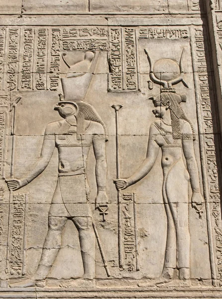 Hieroglypic Ristningar Väggen Den Forntida Egyptiska Templet Kom Ombo — Stockfoto