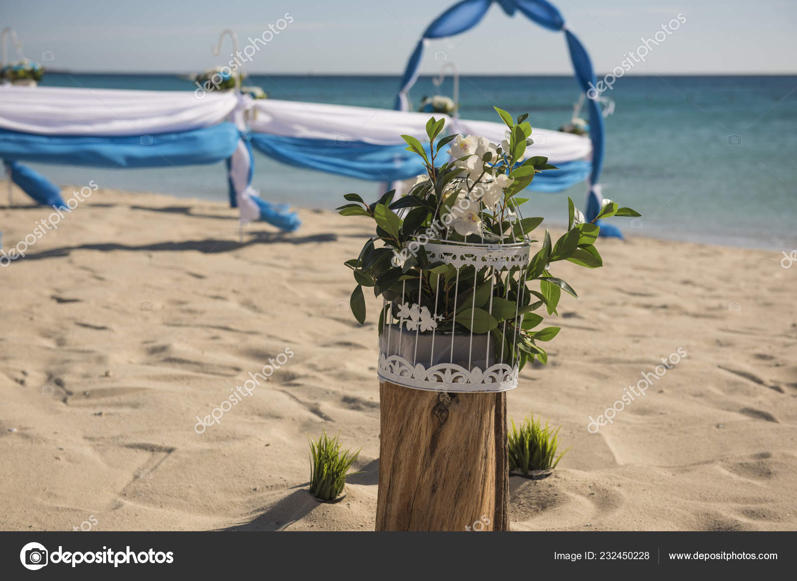 Setup Wedding Day Marriage Aisle Drapes Arch Sandy Tropical Beach