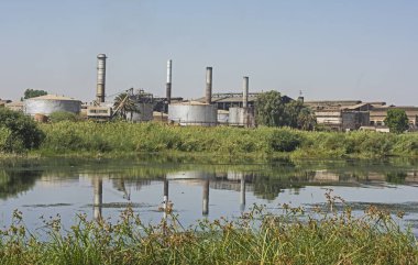 Büyük Nehri Nil Mısır'daki kırsal manzara karşısında kirliliğe neden olan endüstriyel şeker kamışı fabrika ile göster