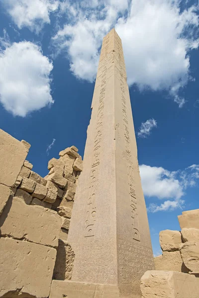 Gran Obelisco Egipcio Antiguo Alto Templo Karnak Luxor Con Tallas —  Fotos de Stock