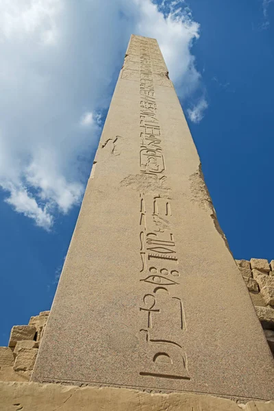 Grande Obelisco Egyptian Antigo Alto Temple Karnak Luxor Com Carvings — Fotografia de Stock