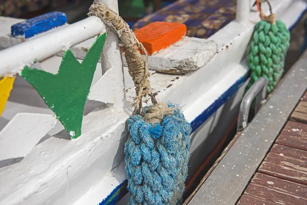 Abstract Closeup View Side Old Wooden Colorful Sailing Boat Rope — Stock Photo, Image