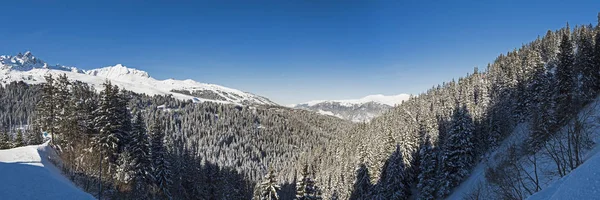 Alp dağ silsilesi vadide panoramik aşağı kar kaplı — Stok fotoğraf