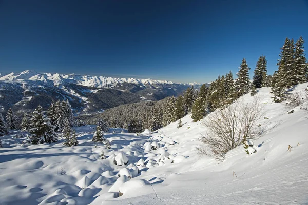 雪をパノラマ ビューはアルプス山脈の谷間をカバー — ストック写真