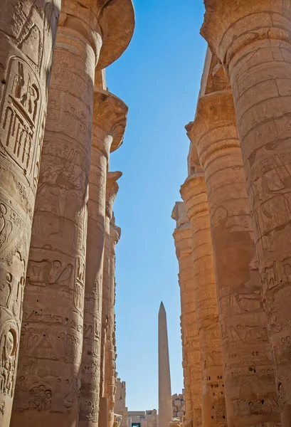 Esculturas Hieroglípicas Colunas Antiga Sala Hipostilos Egípcios Templo Karnak Luxor — Fotografia de Stock
