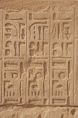 Luxor 'daki Antik Mısır Karnak Tapınağı' nın duvarlarına hiyeroglif oymalar