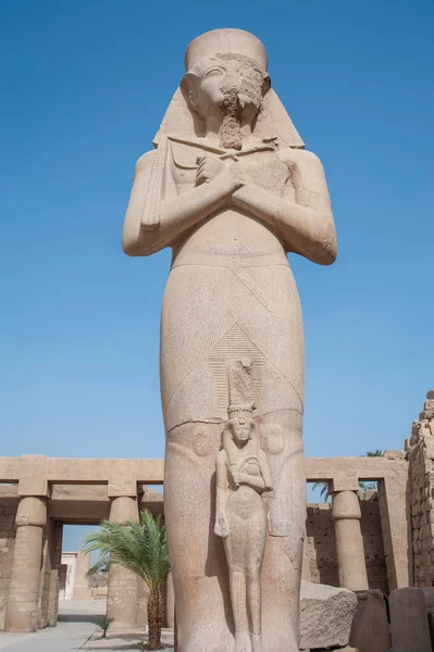 古代エジプトのルクソールのカルナック神殿のラムセス2世とネフェルタリ女王の大像と古代の彫刻列 — ストック写真