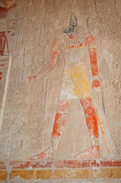 Tallados Pinturas Jeroglípicas Pared Interior Antiguo Templo Egipcio Hatshepsut Luxor — Foto de Stock