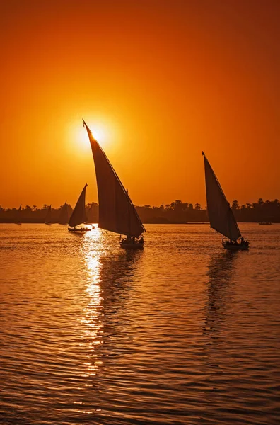 Bateau Traditionnel Égyptien Naviguant Sur Rive Nil Avec Coucher Soleil — Photo