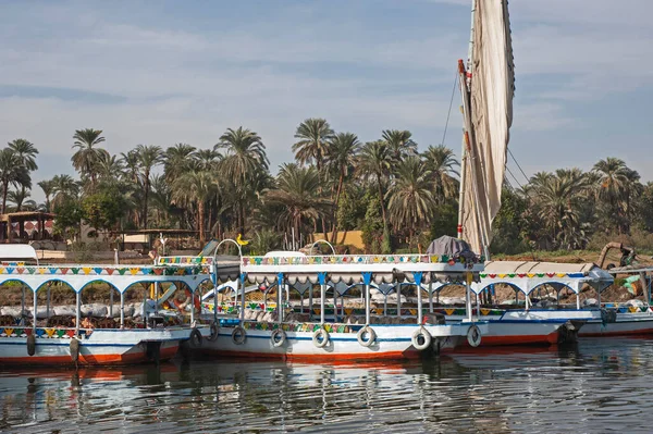 Tradycyjne Egipskie Felluca Żaglówka Rzece Nilu Odbiciem — Zdjęcie stockowe