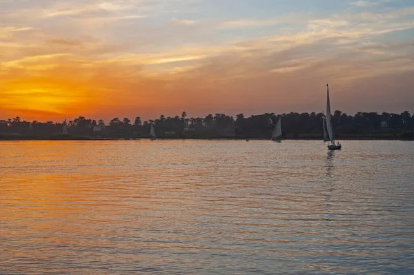 Landscape View Traditional Egyptian Felluca Sailing Boats River Nile Dusk — Stock Photo, Image