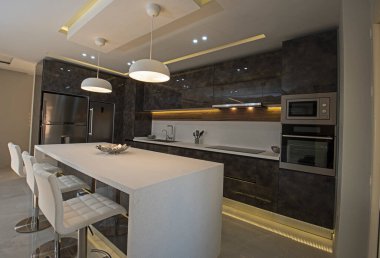 Modern mutfağı lüks apartman galerisindeki dolaplarla gösteren iç dizayn dekorasyonu.