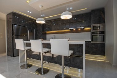 Modern mutfağı lüks apartman galerisindeki dolaplarla gösteren iç dizayn dekorasyonu.