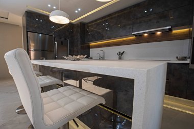 Modern mutfağı lüks apartman galerisindeki dolaplarla gösteren iç dizayn dekorasyonu.